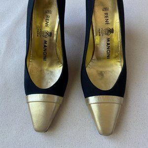Rene Mancini Vintage Black Peau de Soie with Gold Leather Toe Heels, Size 37